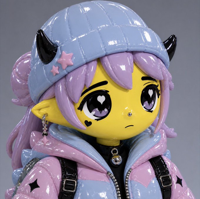 A detailed figure/sculpture of a yellow-skinned anime character with purple hair, a light blue cap, devil horns, and a pink and blue jacket, featuring heart-shaped pupils and a small frown.