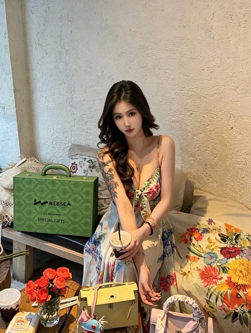A woman with long wavy dark hair wearing a floral patterned dress, sitting on a couch next to a green 'WEBSEA' gift box and holding a coffee cup, with additional luxury gift boxes and flowers visible in the foreground.