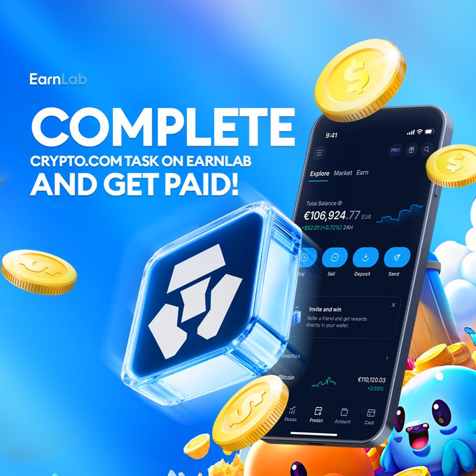 A promotional graphic for EarnLab featuring the text "COMPLETE CRYPTO.COM TASK ON EARNLAB AND GET POSITIVE!" with a 3D logo, a Crypto.com app interface showing a balance of €106,924.77, and floating gold coins.