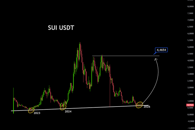 SUI/USDT long-term chart showing price testing the ascending trendline support that connects the 2023 and 2024 lows, with a projected target of 4.4654 highlighted via a curved arrow pointing upward from the current base near 0.7303.