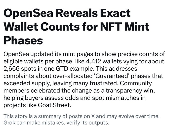 A news headline reading 'OpenSea Reveals Exact Wallet Counts for NFT Mint Phases', with a summary about OpenSea updating its mint pages for transparency, noting a 'Grok' disclaimer at the bottom.