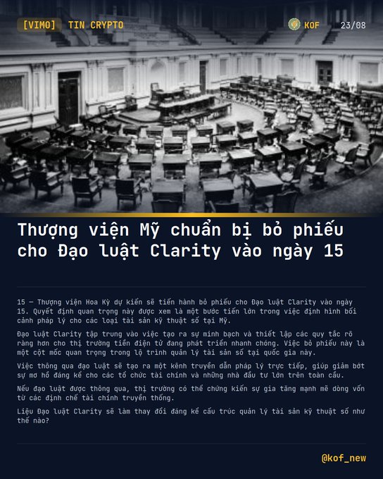 A Vietnamese news graphic about the U.S. Senate preparing to vote on the Clarity Act on the 15th, branded 'TIN CRYPTO KOF' and '@kof_news'.