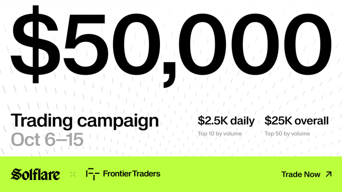A promotional graphic announces a '$50,000 Trading campaign' running Oct 6-15 by Solflare and FrontierTraders, offering '$2.5K daily' to the Top 10 by volume and '$25K overall' to the Top 50 by volume.