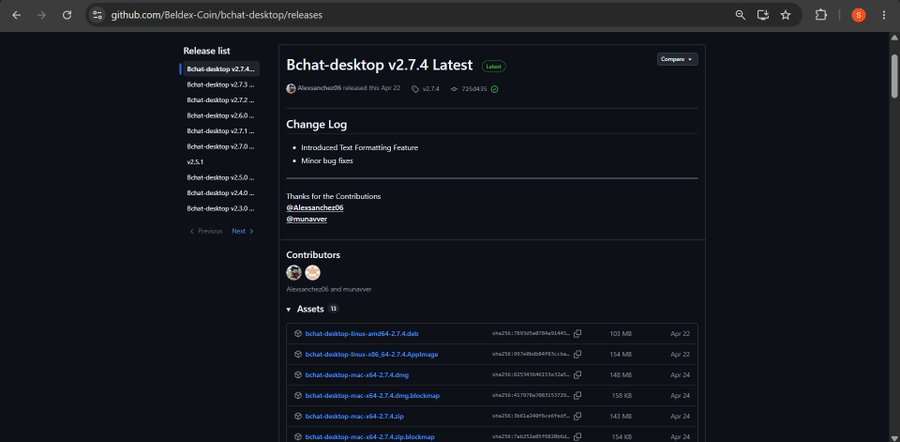 The GitHub repository page for 'Bchat-desktop v2.7.4' by Beldex-Coin, displaying the release notes, contributors, and available downloads for various operating systems.