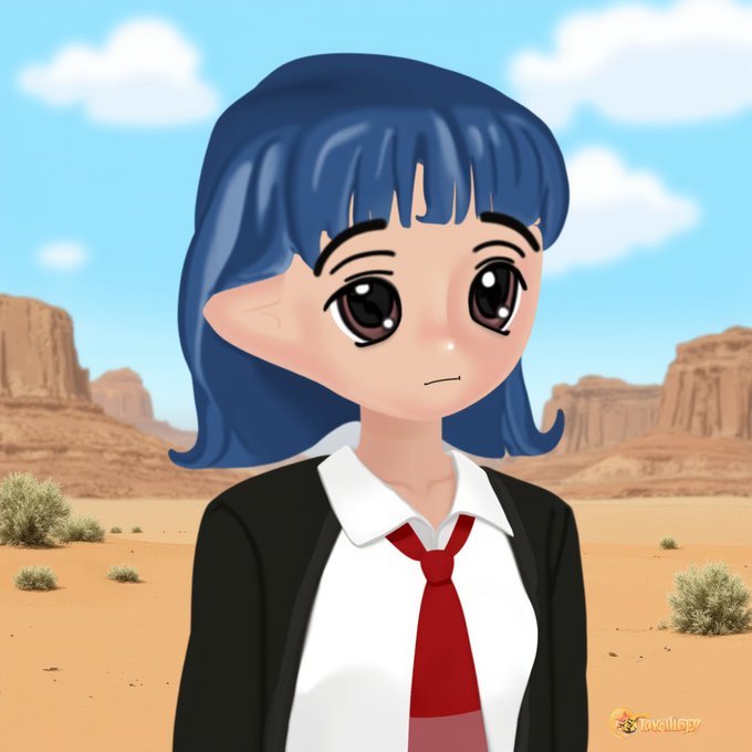 A 3D-style digital illustration of a chibi anime character with blue hair, large eyes, and pointed ears, wearing a white shirt, red tie, and black blazer, set against a desert landscape background.