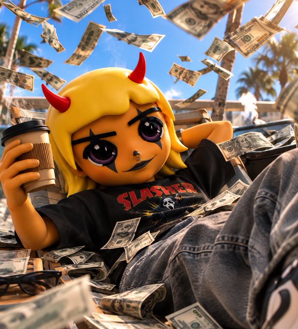 A 3D-rendered anime-style character with blonde hair, red devil horns, and a black 'SLASHER' t-shirt lounges amid flying dollar bills while holding a coffee cup, set against a sunny palm-tree backdrop.