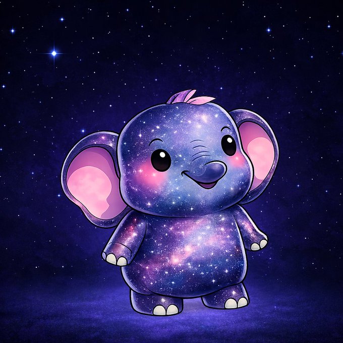 A cartoon illustration of a cute purple elephant baby filled with a starry galaxy pattern, set against a dark blue starry night background.