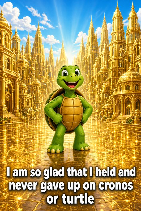 A meme image showing a cartoon turtle standing proudly in front of a golden palace with the caption 'I am so glad that I held and never gave up on cronos or turtle'.