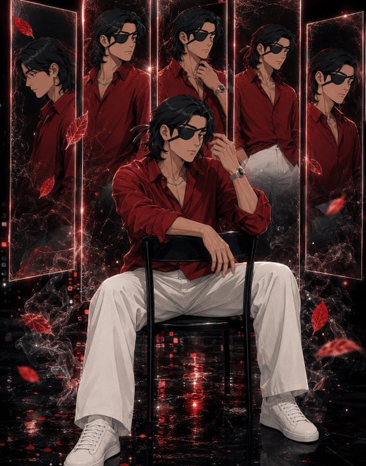 A stylish anime-style male character in a red shirt and sunglasses sits confidently on a chair against a dramatic backdrop of mirrored reflections and falling red leaves. The dark, cinematic aesthetic complements the motivational "Good Morning" post wishing friends a great Tuesday while encouraging engagement with @morfimarkets.