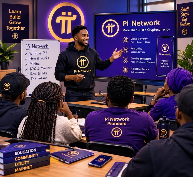 A man in a Pi Network hoodie presents an educational session on the cryptocurrency to a group wearing 'Pi Network Pioneers' shirts.