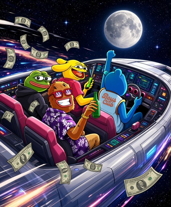 Four cartoon characters, including Pepe the Frog and a blue bear wearing a "Boys Club" tank top, cruise through a starry, moonlit galaxy in a sleek spaceship while sipping drinks amid flying hundred-dollar bills. The chaotic, money-fueled joyride in space captures the carefree, celebratory spirit of "$WOLF Saturdays are for the Boys."