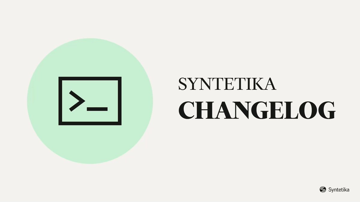 A title card featuring a terminal icon inside a light green circle next to the text 'SYNTETIKA CHANGELOG', with a small 'Syntetika' logo in the bottom right corner.