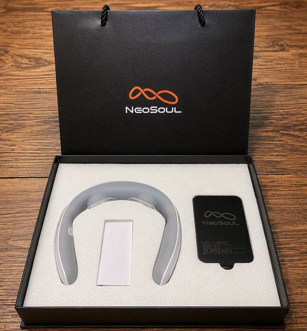 A NeoSoul branded gift box contains a wireless neckband speaker, a small white accessory, and a black product card, all arranged on white padding inside the black presentation box.
