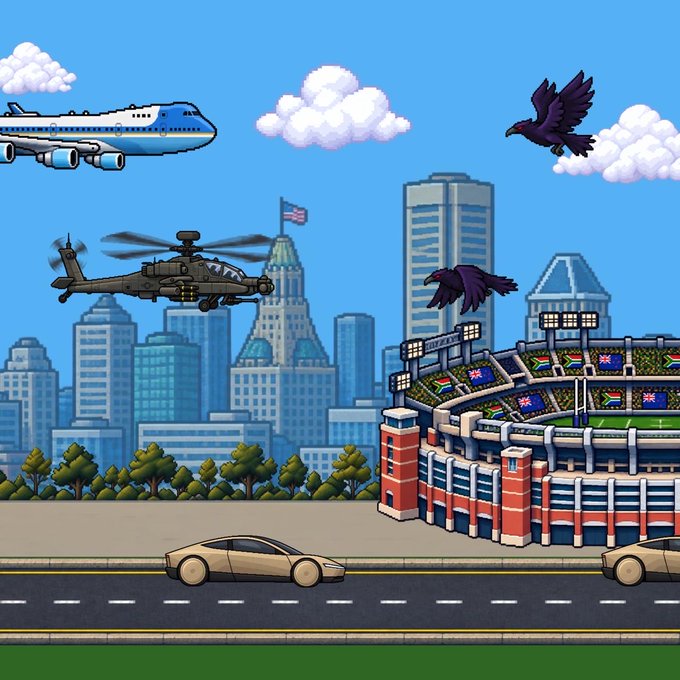 A pixel-art style illustration depicts a cityscape scene with a beige sports car driving on a road in the foreground. Above, a large passenger airplane and an attack helicopter fly past skyscrapers, while two black birds soar near a large stadium decorated with South African flags.