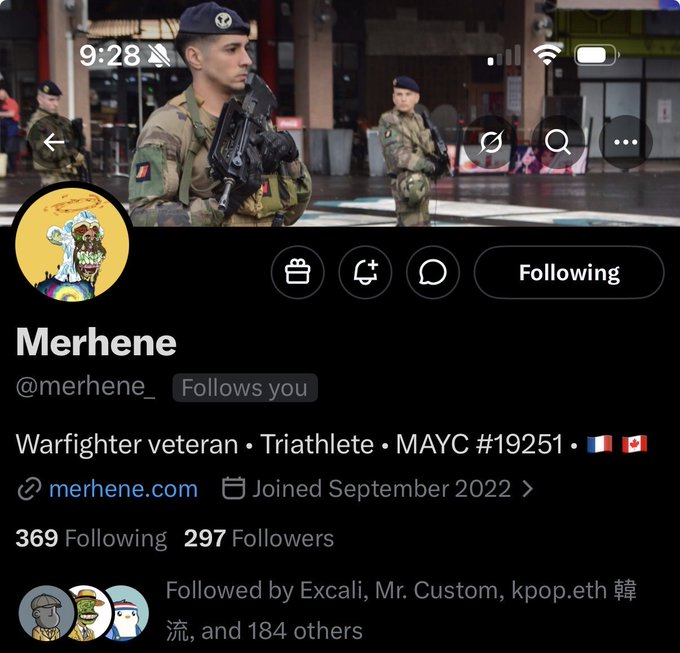 The image is a screenshot of the Twitter profile page of a user named "Merhene". The profile shows that the user is a warfighter veteran and triathlete and was followed by Excali, Mr_custom, and kpop.eth among others. It also says in the image that the community has almost crossed 300 followess which is why it says "following" in the image.