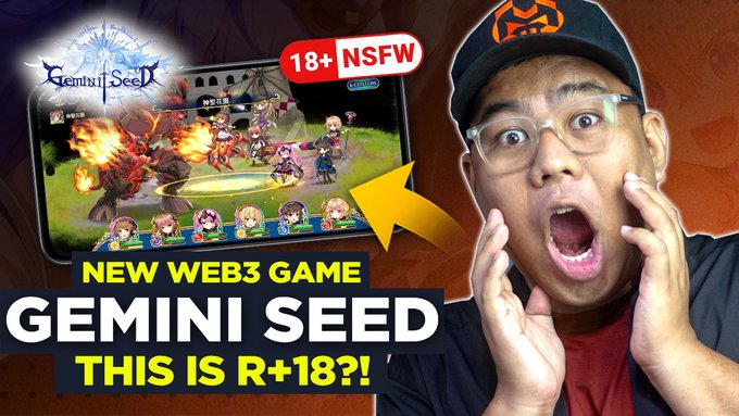 YouTube thumbnail for a video titled 'NEW WEB3 GAME GEMINI SEED THIS IS R+18?!' with an '18+ NSFW' label, showing gameplay footage and a surprised man.