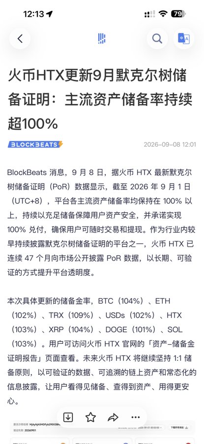 A screenshot of a BlockBeats article from September 8, 2026, showing HTX exchange's updated September Merkle Tree Proof of Reserves report, which lists reserve ratios for major assets: BTC (104%), ETH (102%), TRX (109%), USDs (102%), HTX (103%), XRP (104%), DOGE (101%), and SOL (103%)—notably omitting USDT from the disclosure, directly relating to the post's criticism that the report excludes key assets like Tether.
