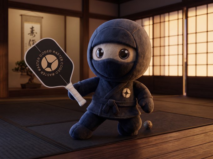 A plush toy ninja character holding a paddle that reads 'CODED MASTER' in a traditional Japanese room setting.