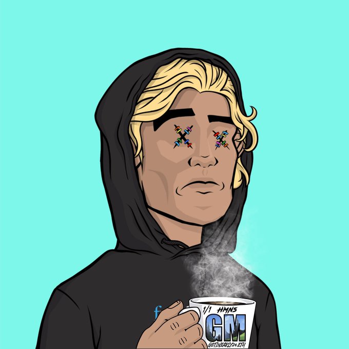 A digital illustration of a hooded figure with blonde hair holding a steaming mug labeled 'GM,' with colorful 'X' marks replacing their eyes on a teal background.