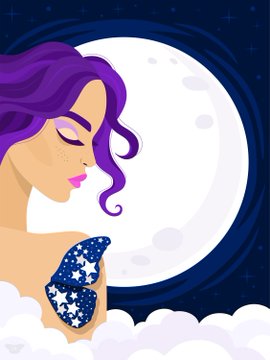 A digital illustration depicts a woman with purple hair against a large full moon and starry night sky.