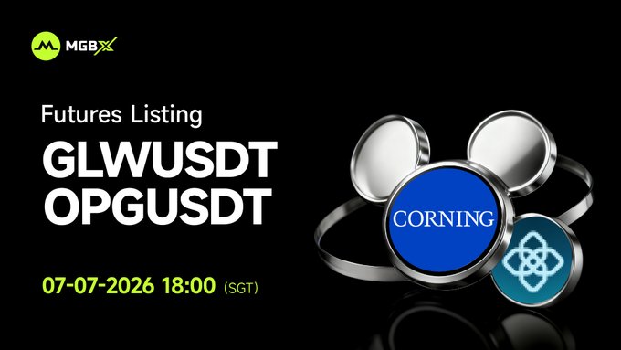 The image is a promotional announcement from MGBX for new futures listings, featuring the MGBX logo at the top, "Futures Listing" text, the ticker symbols "GLWUSDT" and "OPGUSDT" alongside a "CORNING" branded graphic, and the launch details "07-07-2026 18:00 (SGT)" in green text, all matching the accompanying post about new perpetual futures listings.