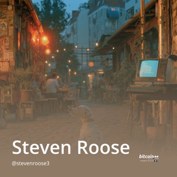 An atmospheric evening scene shows a white dog sitting in an alleyway lit with warm string lights, featuring the text 'Steven Roose' and handle '@stevenroose3' along with a 'bitcoin' logo at the bottom.