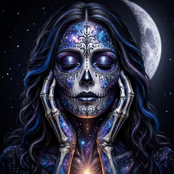A mystical digital artwork of a woman with cosmic sugar skull face paint, her hands (also painted in skeletal designs) framing her face against a dark starry background with a moon.