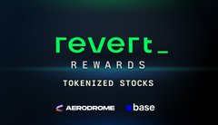Promotional graphic for Revert's "Rewards - Tokenized Stocks" campaign, featuring logos for Aerodrome and Base, highlighting the launch of USDC rewards for tokenized stock liquidity providers across 10 pools.