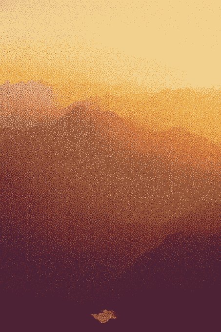 A minimalist illustration of a vibrant sunset or sunrise scene with a glowing yellow and orange sky, a silhouetted landmass, and a small fish floating in the dark foreground.