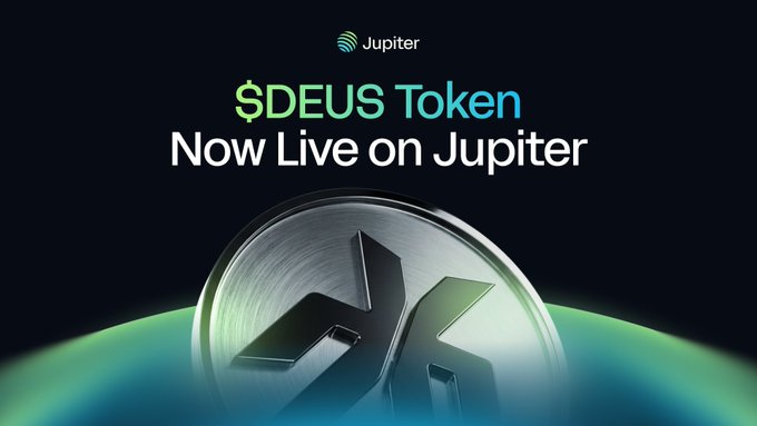 The image features a coin with the number "26" on it, which is the main focus of the image. The background of the image is black, making the coin stand out prominently. Below the coin, there's text that reads "BREAKING: $DEUS is now live and tradable on @JupiterExchange Made possible on @solana by @sunrisedefi". This information suggests that the image is related to a post about cryptocurrency trading or the release of a new digital token.
