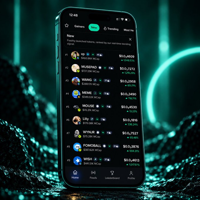 A smartphone displays the "New" tab of the Moby app, featuring a real-time trending signal that ranks freshly launched tokens like XP, MUSEPAD, WANG, MEME, and MOUSE by market cap and percentage gains, directly illustrating the post's message about quickly discovering the freshest, most relevant crypto launches without endless scrolling.