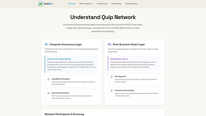 A screenshot of a computer screen showing a Quip network page featuring two distinct sections with details and descriptions about their respective features.