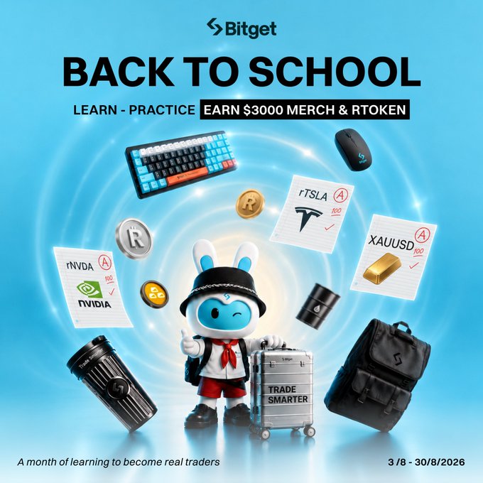 Bitget promotional 'BACK TO SCHOOL' campaign banner advertising $3000 MERCH & RTOKEN rewards, featuring a mascot character with school supplies and crypto trading examples including rTSLA, XAUUSD, and NVIDIA.