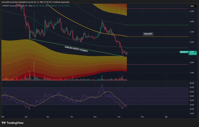 A TradingView candlestick chart for Cardano (USDT) on Binance with Turkish-language annotations including 'Check XRP' and 'GÜNLÜK POZİTİF UYUMUZ', showing a downward trend with technical indicators.