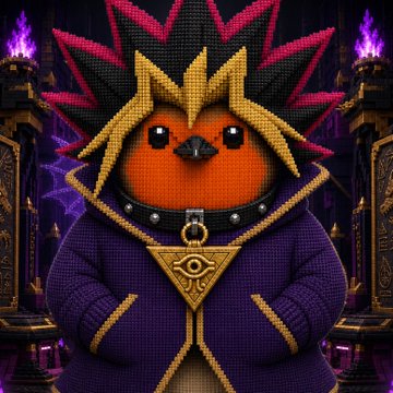 A chibi-style bird character dressed in a purple wizard robe with a mystical eye amulet and spiky red and gold hair, standing before a gothic purple-lit backdrop, embodying the magical NFT lore described in the post about their history with on-chain NFT minting and new ventures with RobertCoinRH on Robinhood Chain.