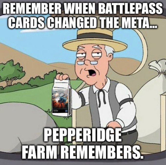 A 'Pepperidge Farm Remembers' meme featuring the animated old man holding a Warhammer 40,000 box, with text reading 'REMEMBER WHEN BATTLEPASS CARDS CHANGED THE META..'.