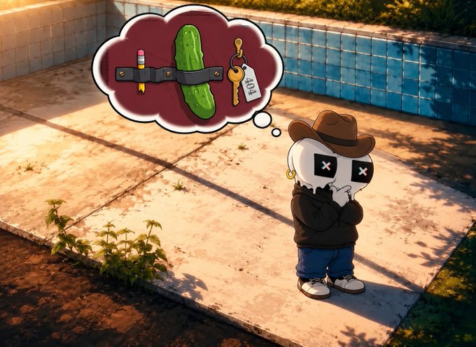 An illustrated cartoon character in a cowboy hat and black hoodie thinking about a pickle secured with a strap alongside a pencil and a '$104' price tag key.