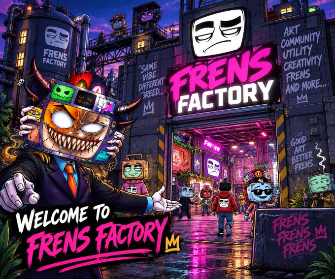 A vibrant, neon-colored digital artwork welcoming viewers to "FRENS FACTORY," featuring a horned, TV-headed character and others in a cyberpunk-style industrial setting.