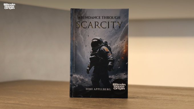 A book titled 'ABUNDANCE THROUGH SCARCITY' by Ioni Appelberg stands upright on a wooden surface, featuring an astronaut on its cover and the 'Bitcoin House Origin' logo.