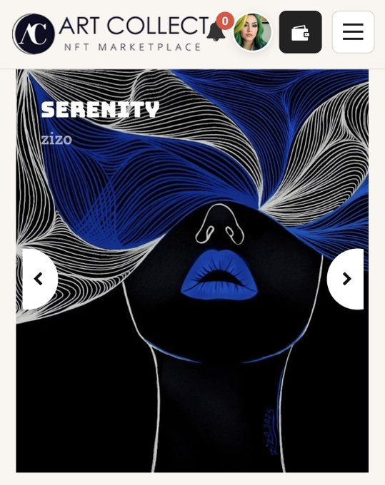 An NFT marketplace called 'Art Collect' displaying a digital artwork titled 'SERENITY' by zizo, featuring an abstract face with striking blue lips.