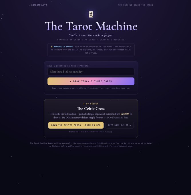 Screenshot of 'The Tarot Machine' on domburg.xyz, a purple-themed interface offering one-card daily spreads and a 'Celtic Cross' ten-card reading requiring burning 25 DOM tokens per draw.