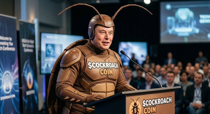 A man dressed in a cockroach costume speaking at a podium for a '$COCKROACH COIN' cryptocurrency presentation at a tech conference.
