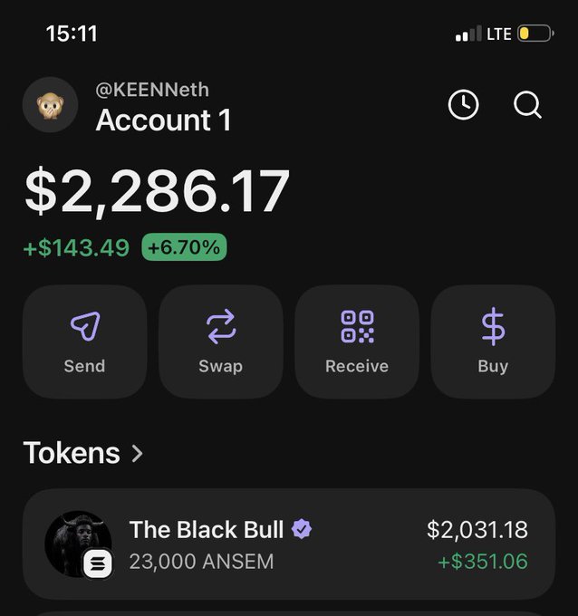 A screenshot of a crypto wallet showing the account "@KEENNeth" with a balance of $2,286.17, up $143.49 (+6.70%), featuring a token called "The Black Bull" (ANSEM) valued at $2,031.18 with a $351.06 gain—visually reinforcing the post's praise of "Kenn" as a crypto "GOAT."