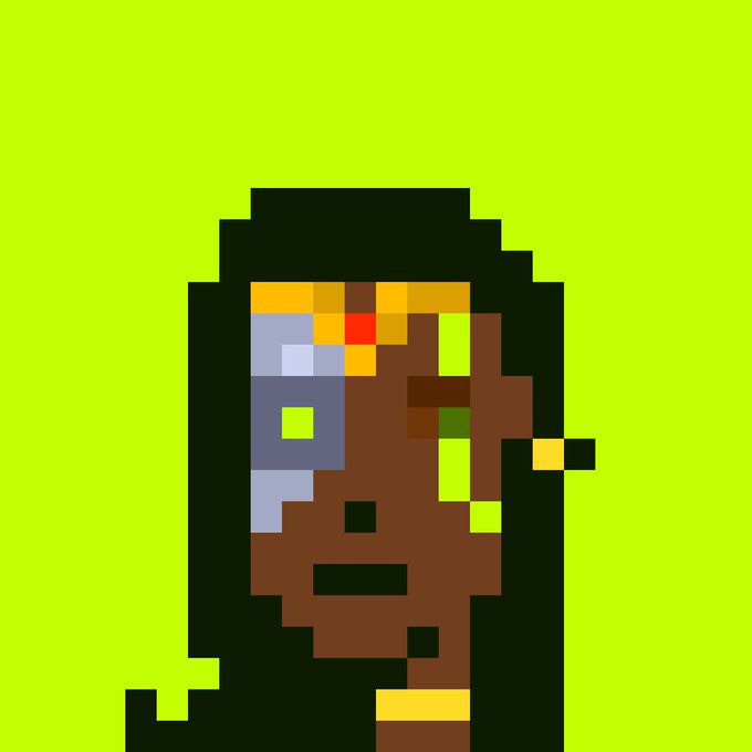 A pixel art depiction of a face, featuring brown skin tones, a blue eye, yellow and red forehead markings, and a black hood, set against a green background.