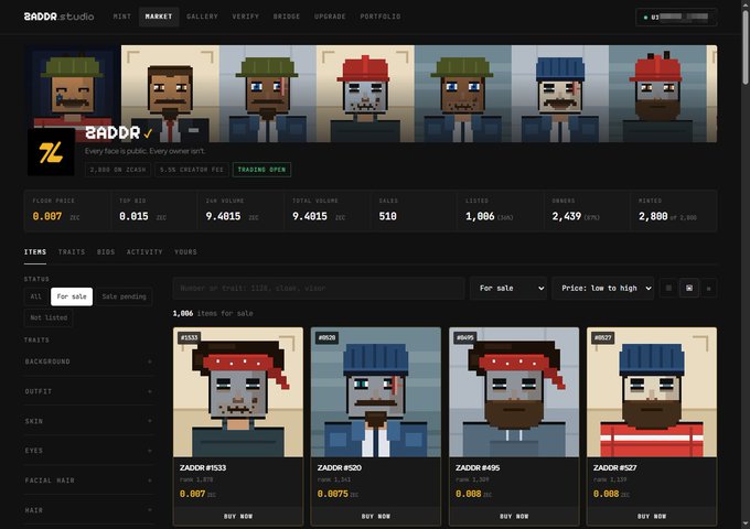Screenshot of the ZADDR NFT marketplace showing pixelated zombie-themed character avatars with a floor price of 0.007 ZEC and statistics including 518 sales and 1,086 (36%) listed items out of 2,800 minted. The caption reflects the post's narrative about the disappointing Zcash NFT experience, where the user invested effort and ~30 USD to mint but ended up with tokens selling below mint price ("破发还卖不掉"), illustrated by the low floor price (0.007 ZEC) shown on the marketplace.