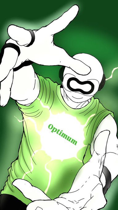 A comic-style illustration shows a white masked figure in a green shirt with an 'Optimum' logo glowing on the chest, striking a dynamic pose against a green background.