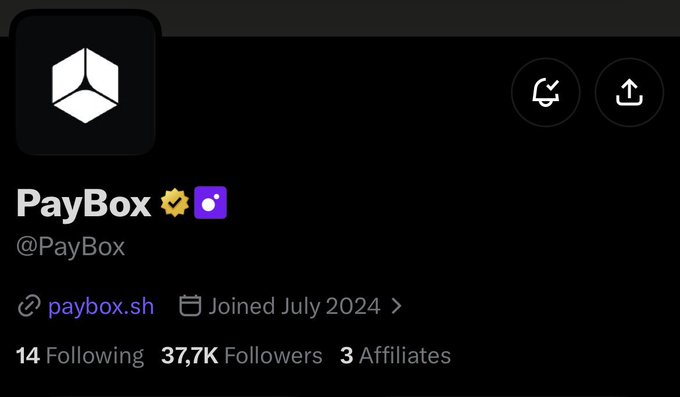 The image shows a social media profile for "PayBox" (@PayBox) with a verified badge, 37.7K followers, and a link to paybox.sh, joined in July 2024. The caption suggests the poster is following PayBox based on an insider tip from a MoonPay intern, implying the profile has gained attention as potential "alpha" despite its modest follower count.