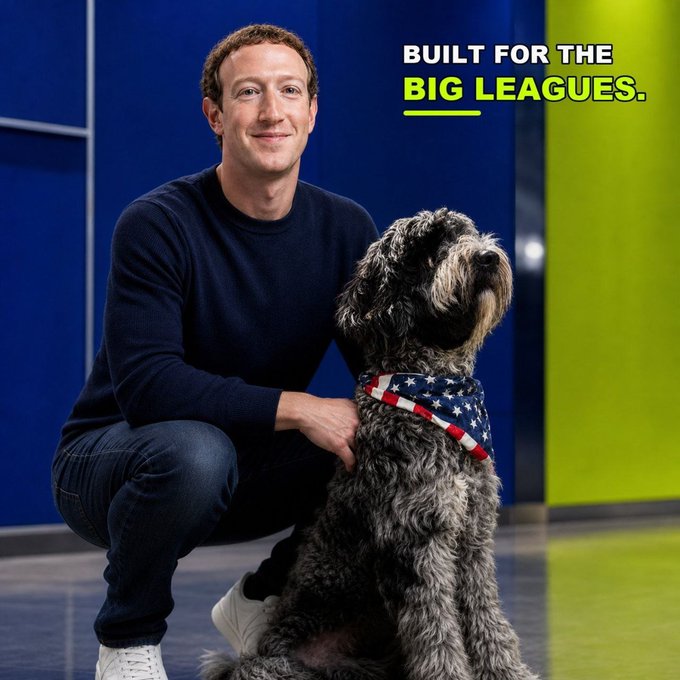 Mark Zuckerberg kneels beside his Poodle, wearing an American flag bandana, with bold text reading "BUILT FOR THE BIG LEAGUES" against a blue and green background, promoting the $Benny Meta Coin with the noted contract address.
