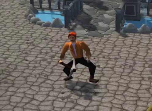 The image features a cartoon character, possibly a man or a woman, standing on a cobblestone street with a cane in their hand. The character appears to be dancing or walking along the stone path while holding the cane. The background of the image is filled with various elements such as rocks and water, giving it an old-fashioned feel reminiscent of the 80s. The caption "Gm everyone @solana_scape hitting like crack in the 80’s" suggests that this scene might be inspired by a retro or vintage style, possibly related to the 80s music video for "Smells Like Teen Spirit".