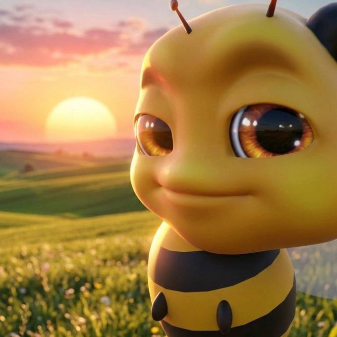 A cute, animated yellow-and-black striped bee with large expressive eyes stands in a sunlit meadow at sunset, capturing the optimistic "buy the dip" sentiment of the $cashcat meme crypto community. The warm golden lighting and hopeful smile reflect the bullish post suggesting this is the final buying opportunity before the token's next rally.